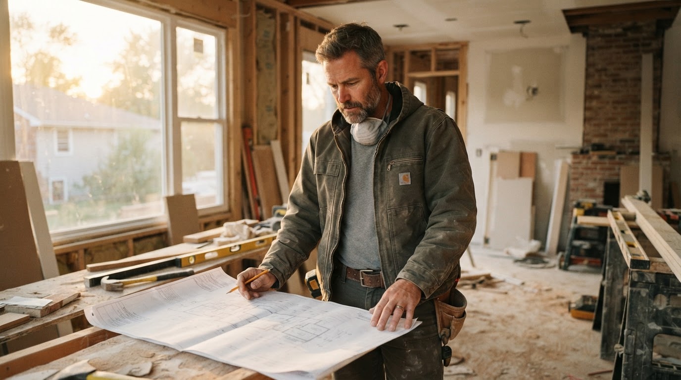 Contractor reviewing architectural plans on site