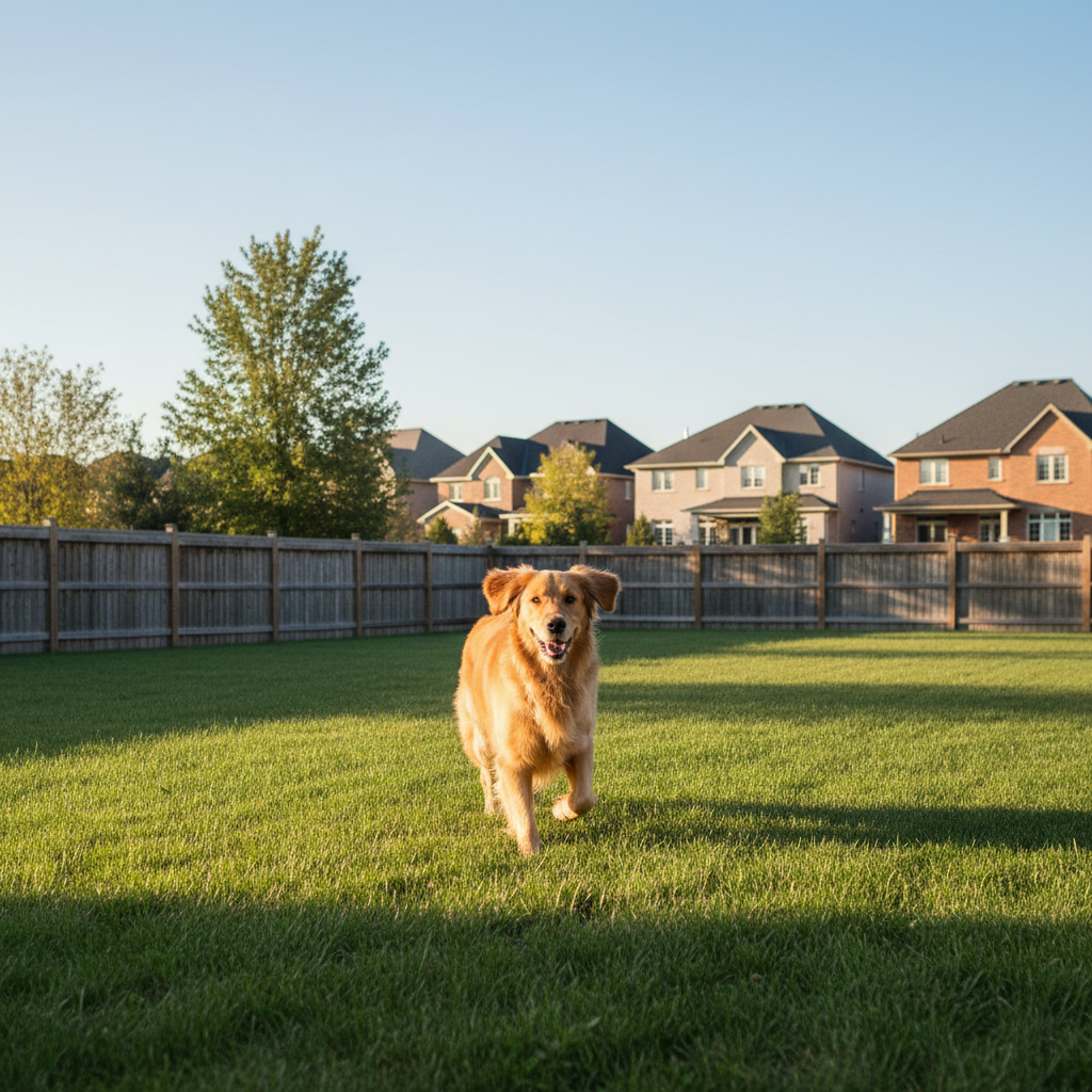 Happy dog running on clean green grass in a sunny backyard