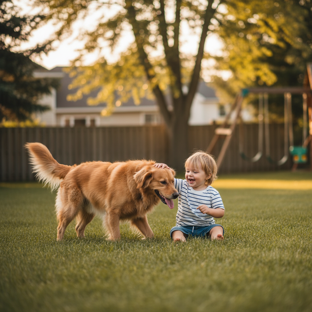 Child and dog sitting together on green grass in a backyard