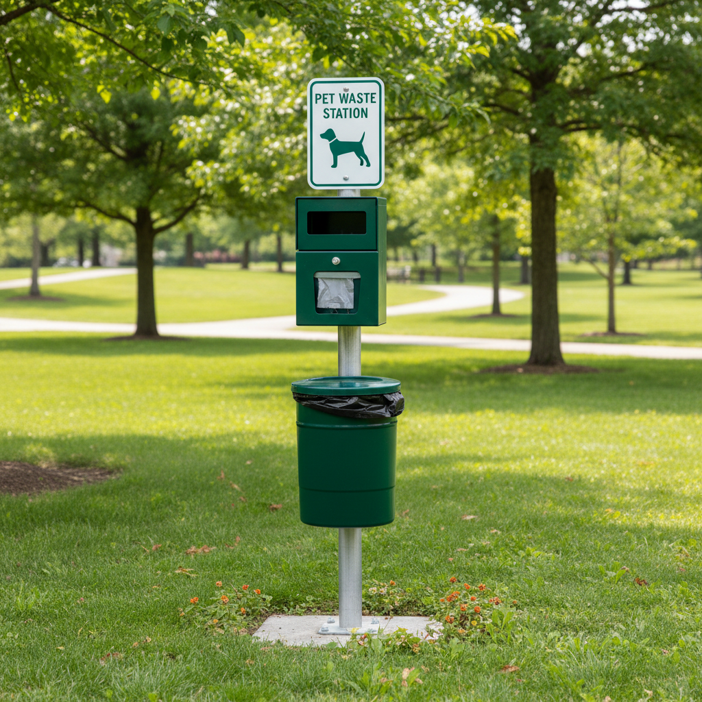 Dog waste station with bag dispenser and bin on a post in a park