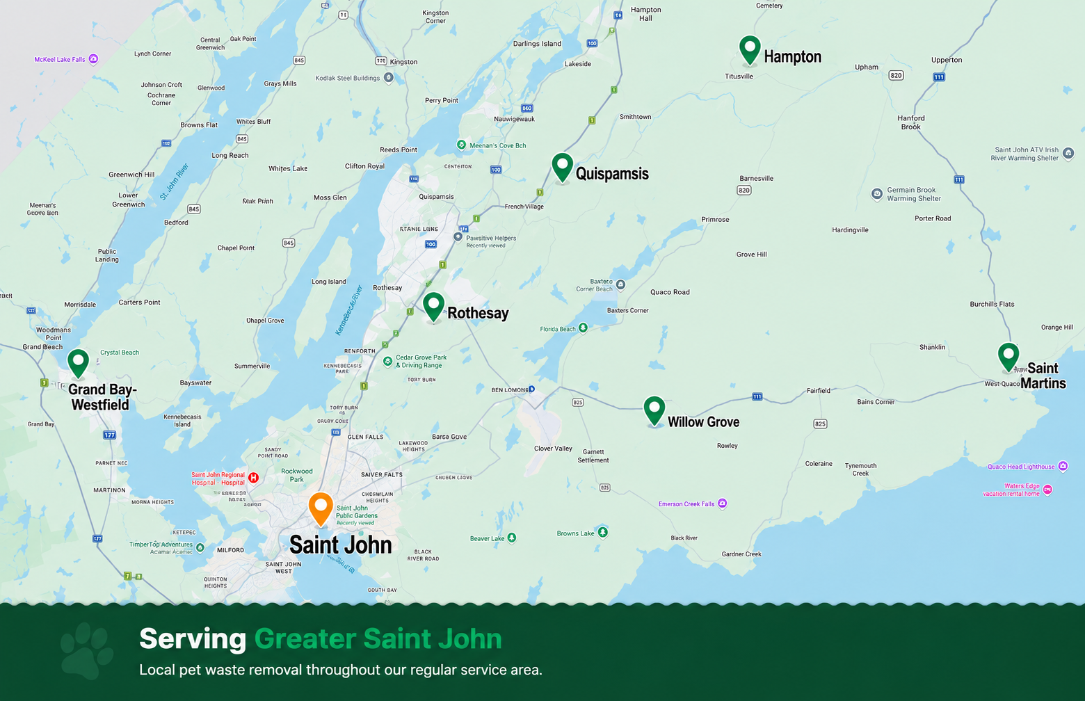 Service area map of Greater Saint John showing Saint John, Rothesay, Quispamsis, Grand Bay-Westfield and Hampton