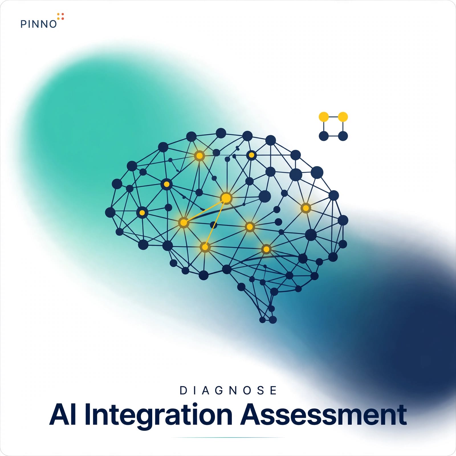 AI Integration Assessment tool icon, featuring a digital brain network graphic with yellow highlights for neural connectivity, branded with the Pinno design language.