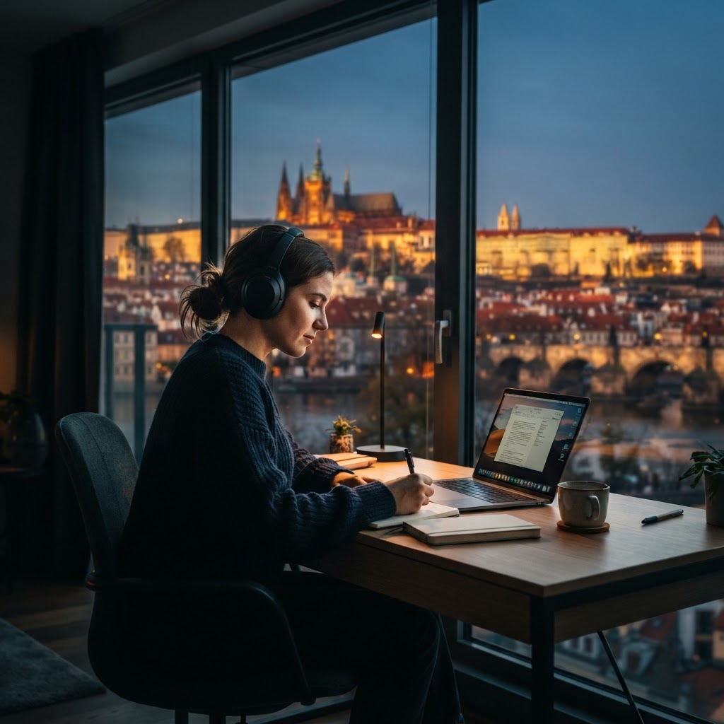 Student studying with Prague view