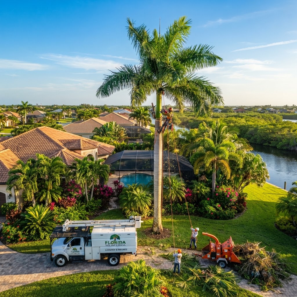 Sunshine Tree crew climbing palm tree in Southwest Florida