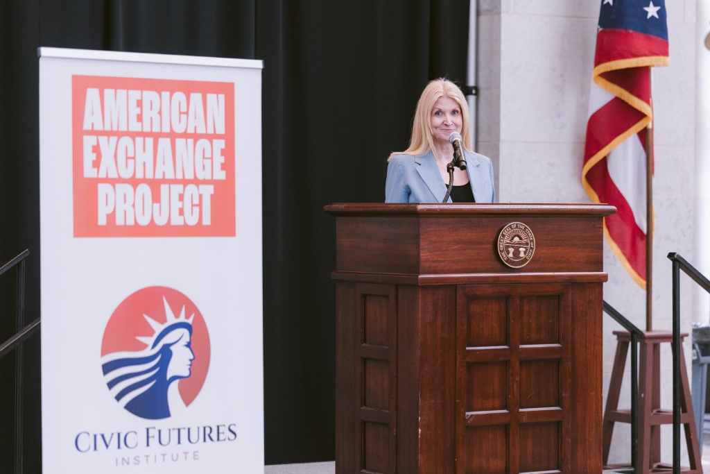 Lisa Duty speaking at American Exchange Project event