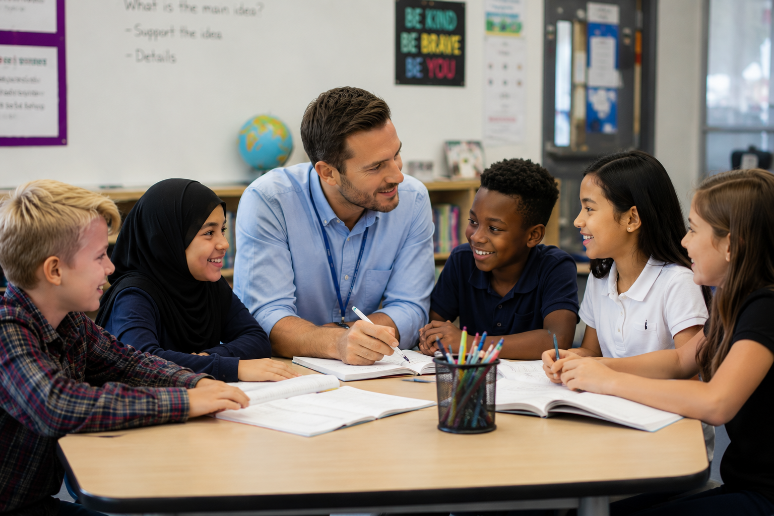 Teacher mid-lesson with engaged students in an international classroom