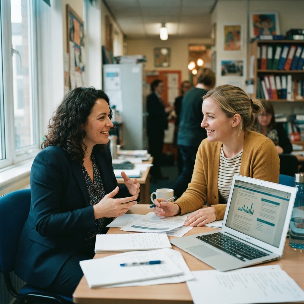 Partner advisor in genuine conversation with a school teacher