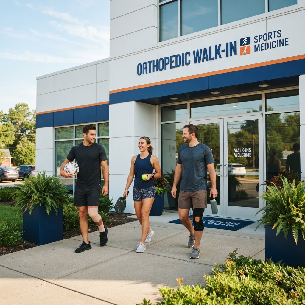 Active patients walking toward an OrthoGo walk-in orthopedic clinic entrance