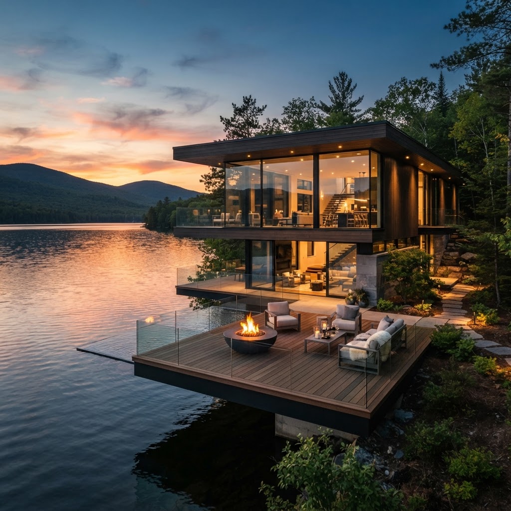 Cantilevered lakefront villa