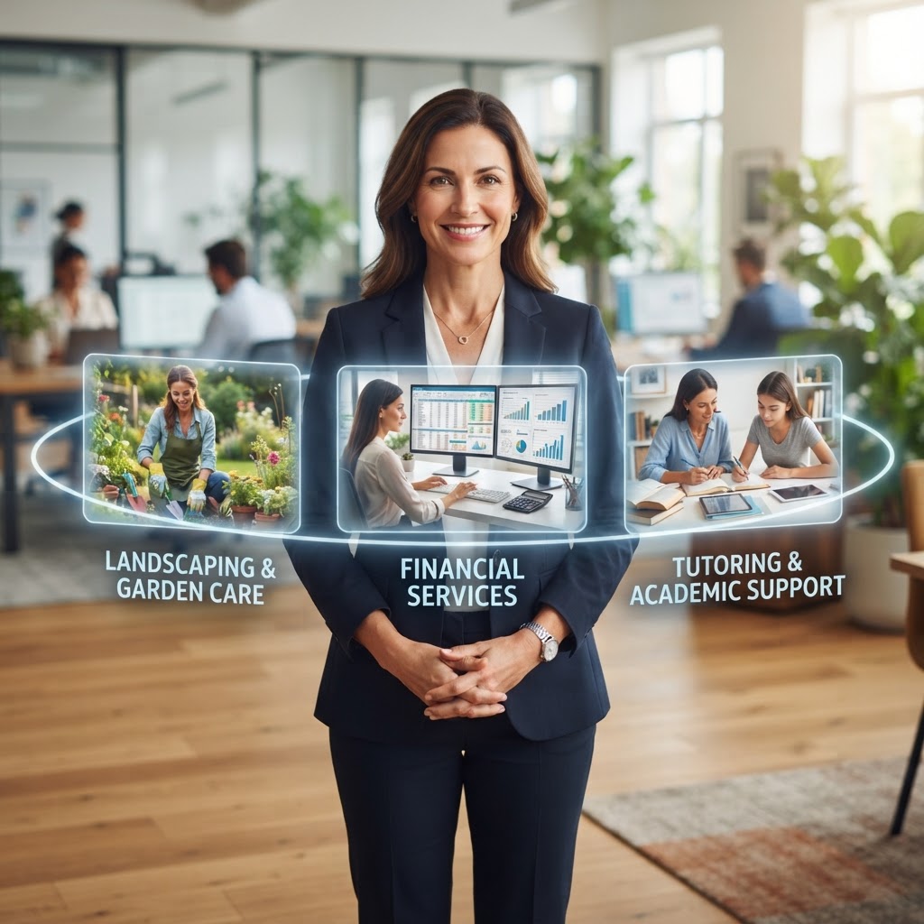 One Premier member surrounded by service panels: Landscaping, Financial Services, and Tutoring
