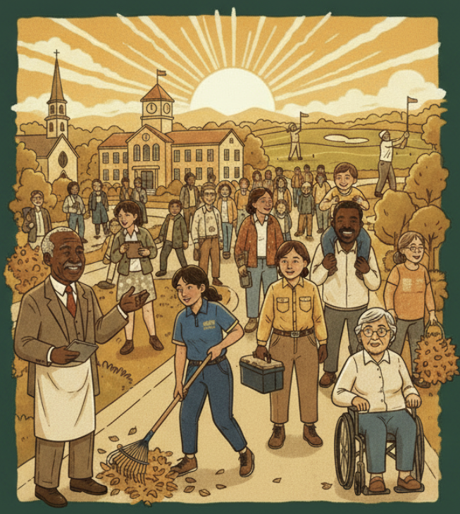 SphereUs Foundation community — diverse neighbors, youth workers, elders, and golfers united in purpose