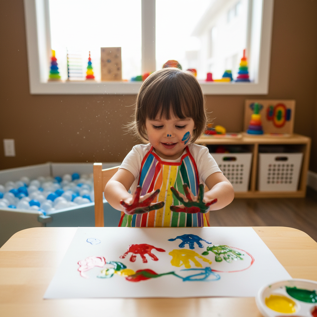Child engaged in a paint sensory activity during pediatric occupational therapy session