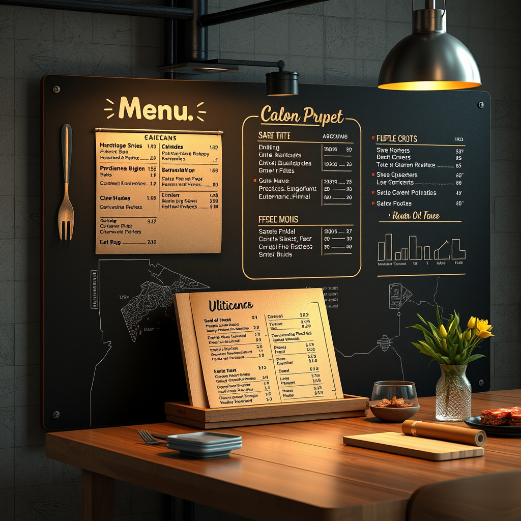 Professional restaurant menu board with organized categories and pricing
