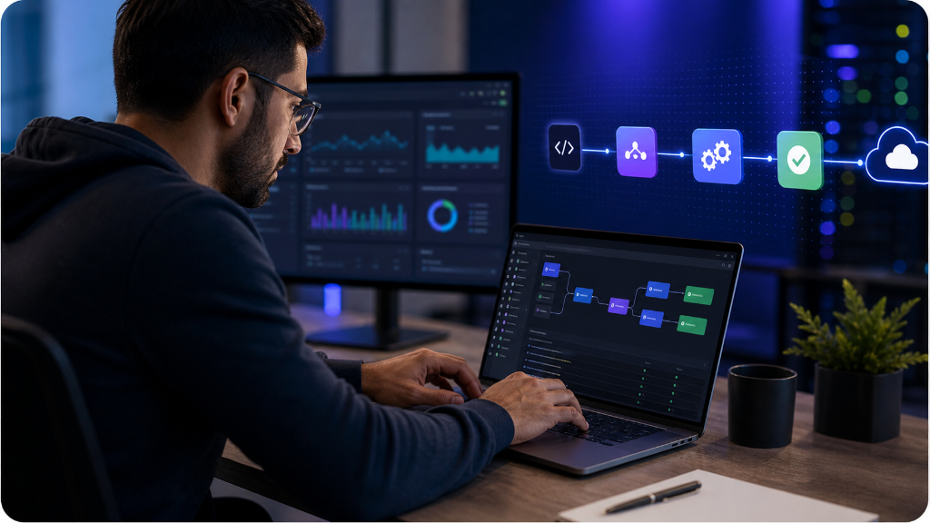 AI engineer in a modern AI workspace