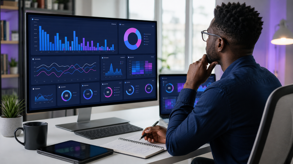 Marketing automation specialist at a modern desk