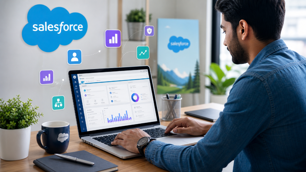 Salesforce administrator learning with Salesforce logo and icons