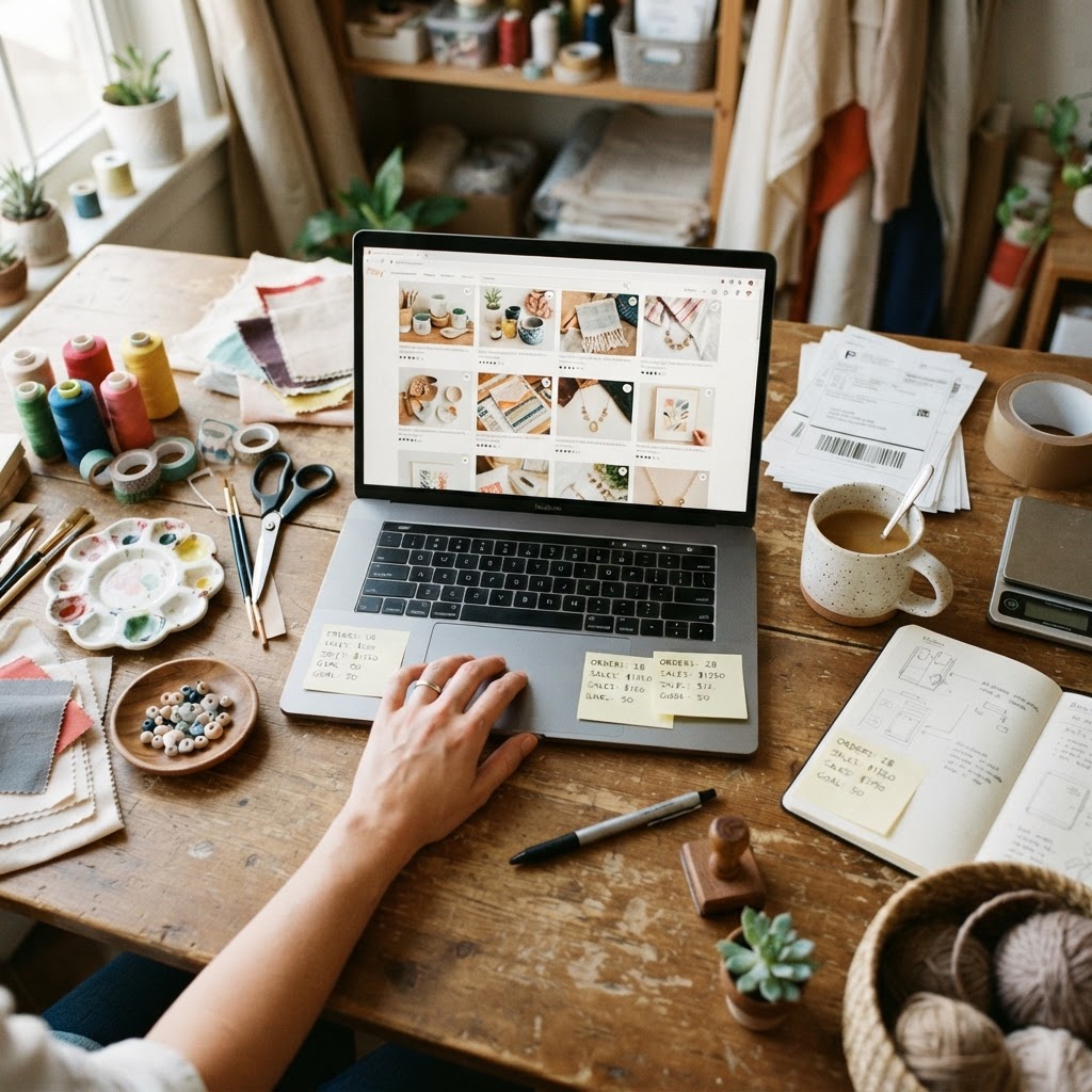 E-commerce workspace with laptop showing an online shop dashboard and shipping labels