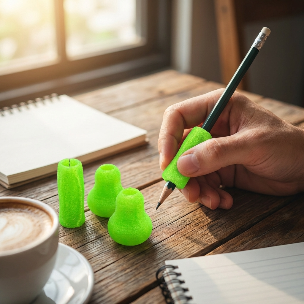 3D printed pencil grips in neon green