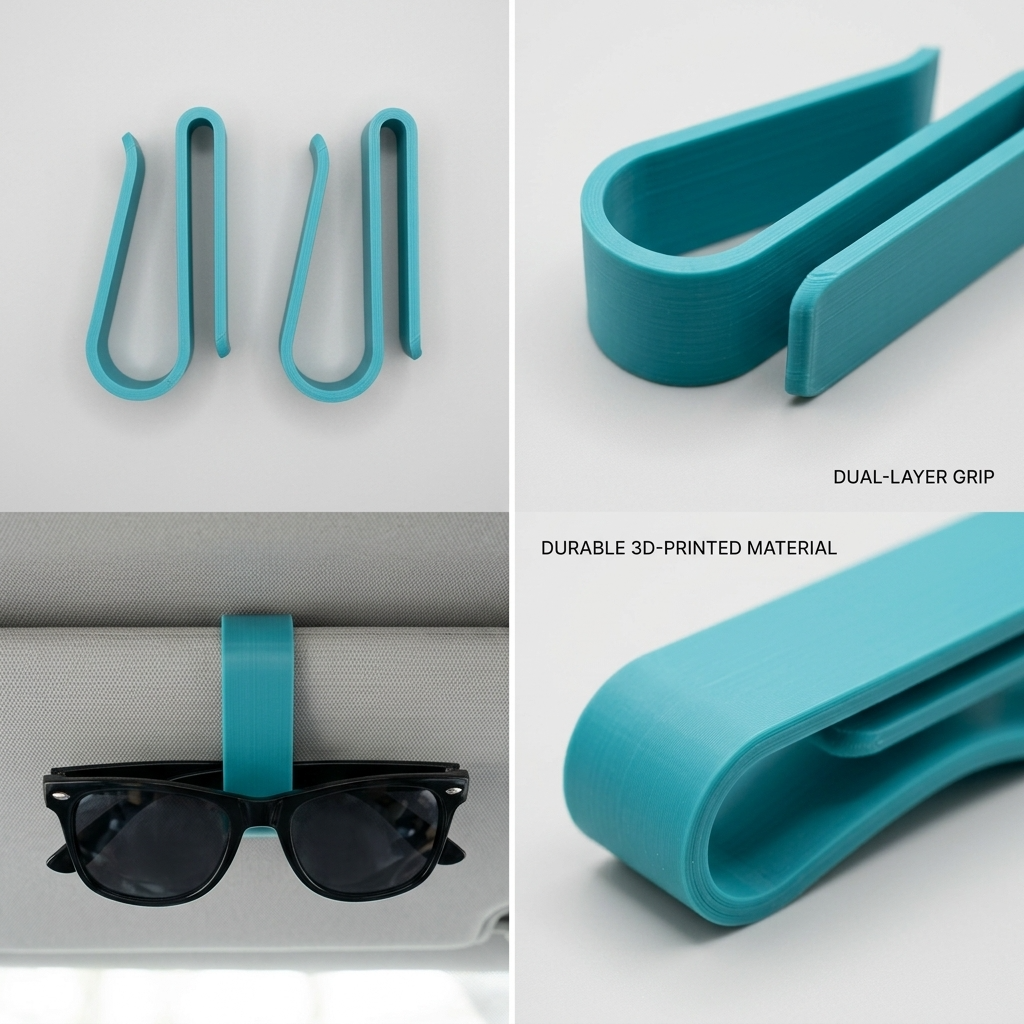 3D printed visor clip holding sunglasses