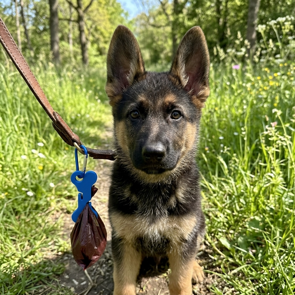 German Shepherd puppy with custom 3D printed bone bag holder on leash