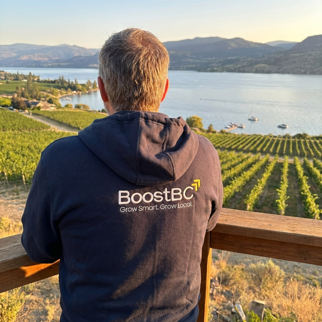 BoostBC branded hoodie Okanagan vineyard