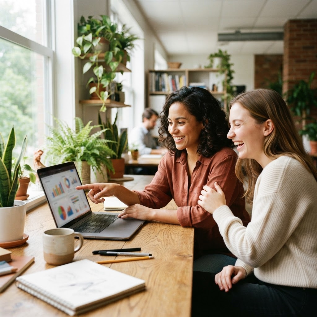 Two people collaborating over a laptop with growth charts in a bright small business workspace