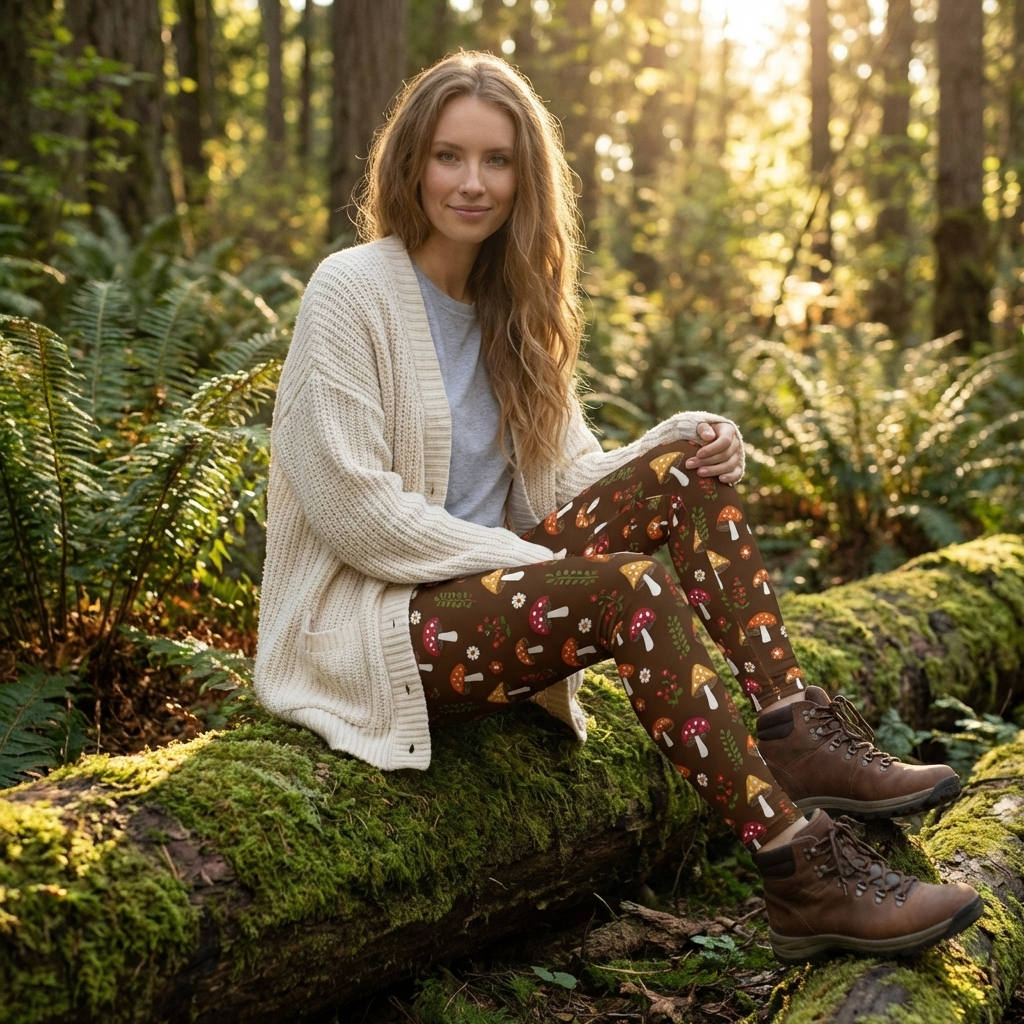 Custom mushroom print leggings in forest
