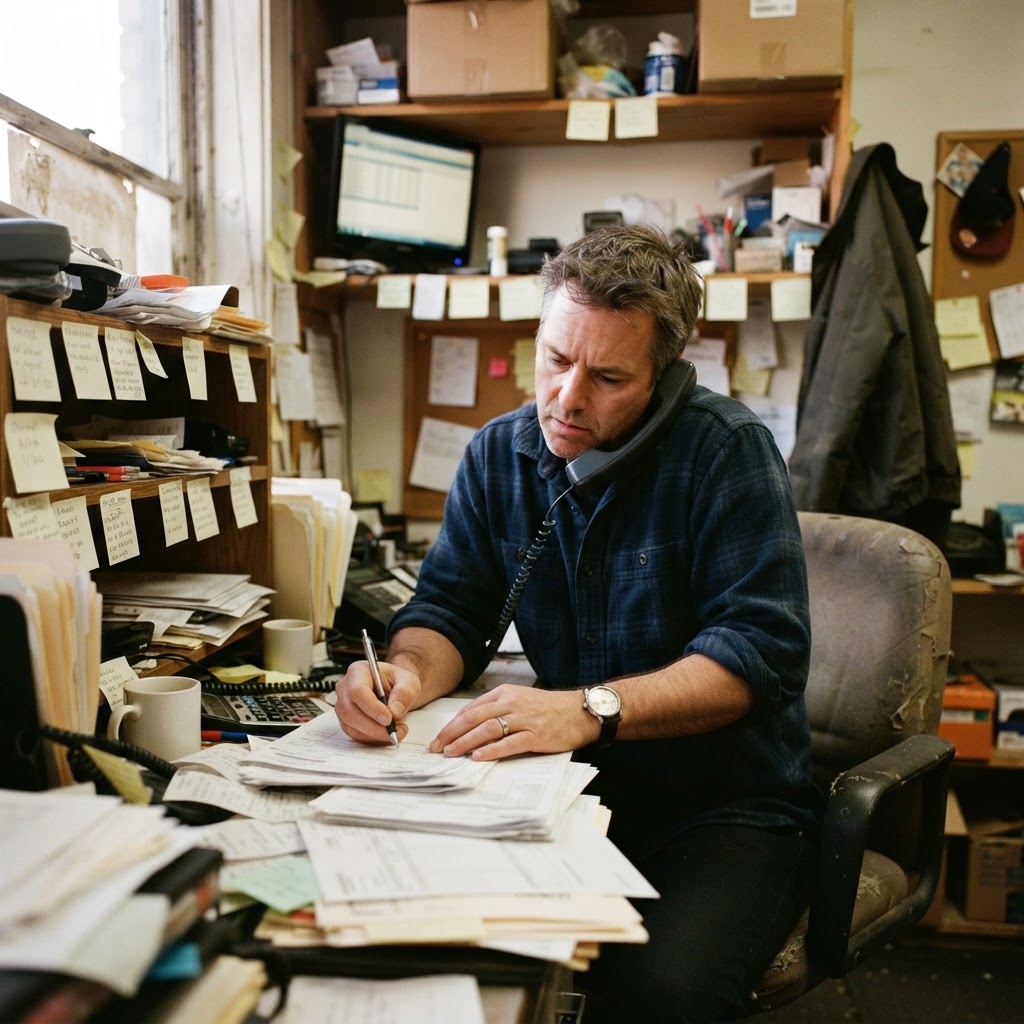 Small business owner juggling paperwork and phone calls at a cluttered desk