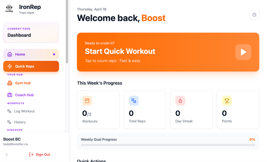 IronRep fitness tracking app dashboard design