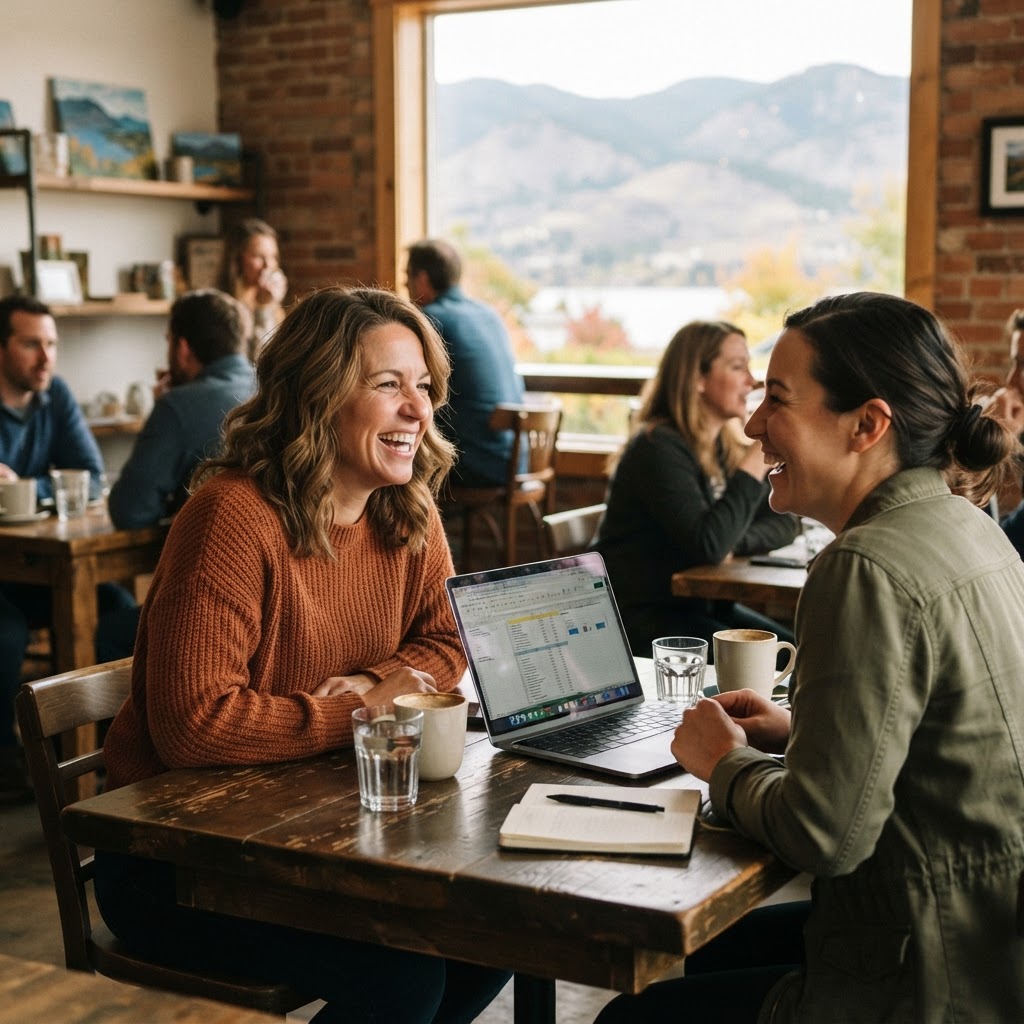 Business owner and consultant chatting over coffee at a Kelowna cafe