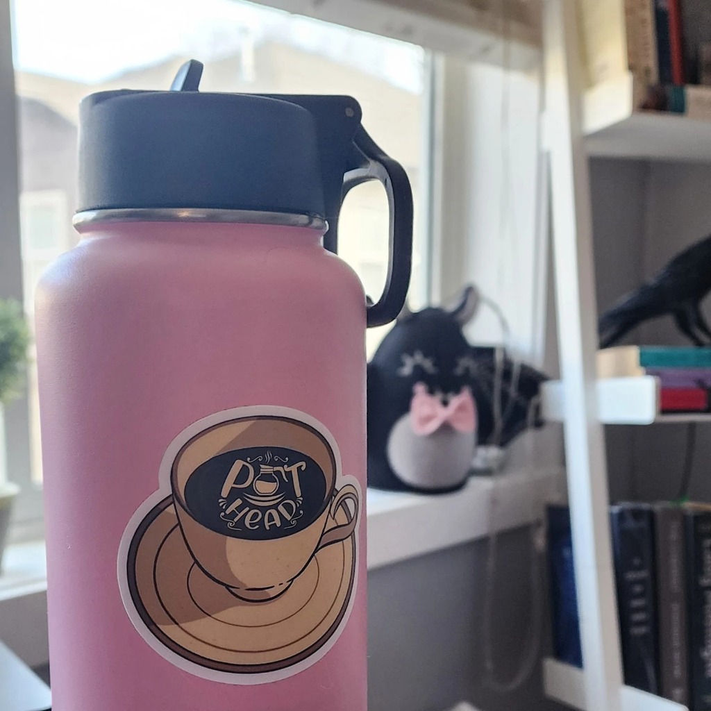 Pot Head coffee sticker on water bottle