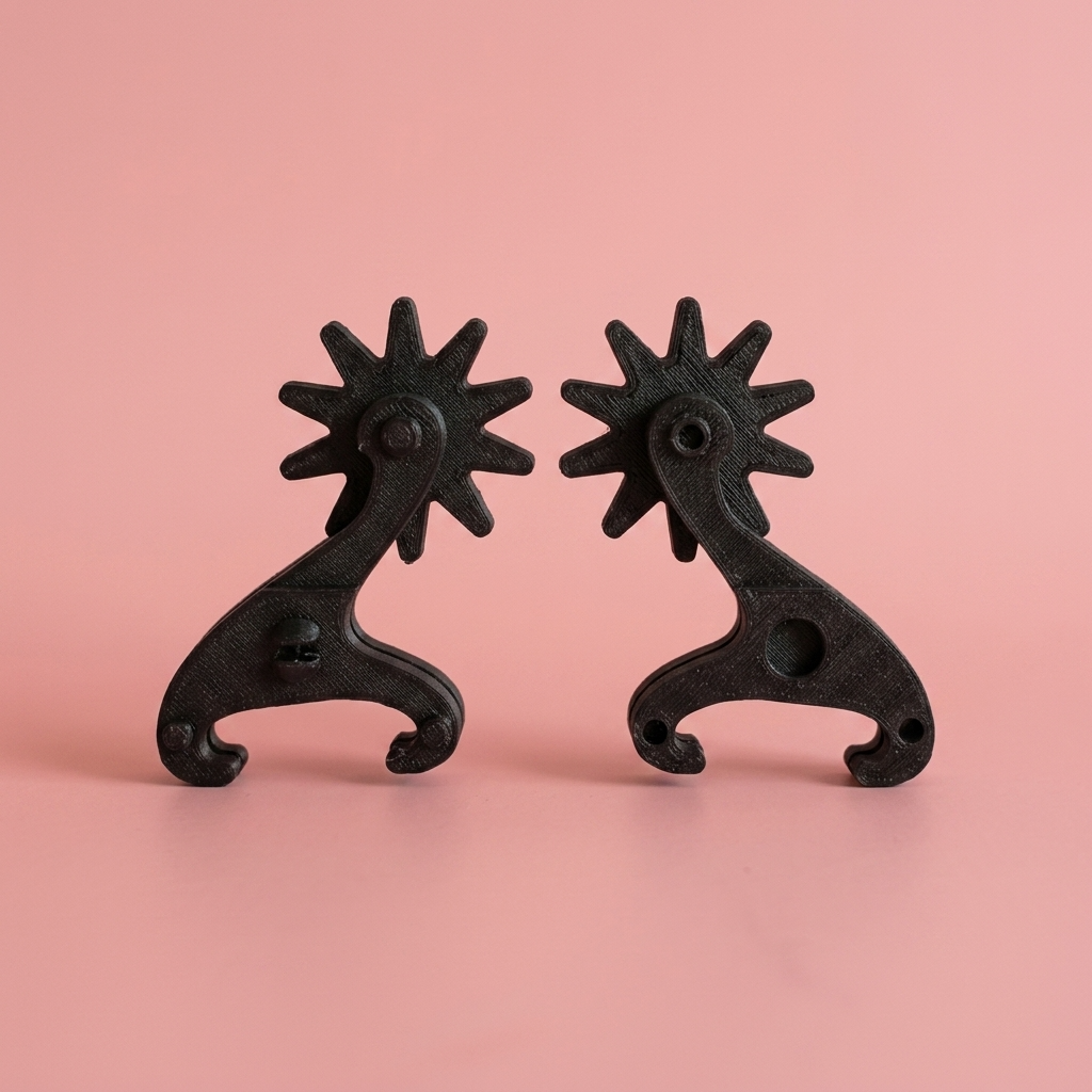 Custom 3D printed cowboy spurs on pink background