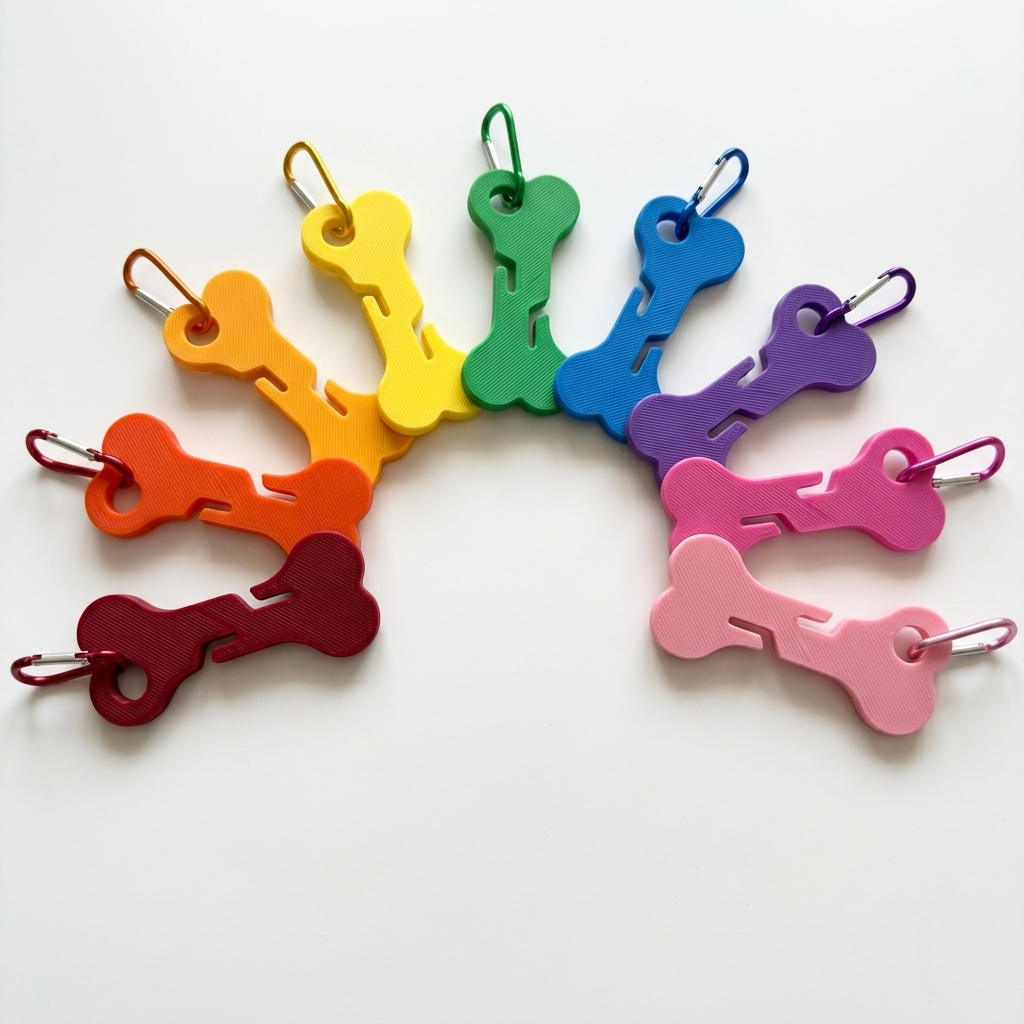 Custom 3D printed bone-shaped dog bag holder keychains in rainbow colours