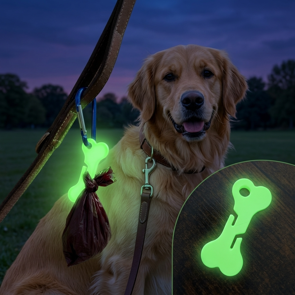 Golden retriever with glow in the dark 3D printed bone bag holder at dusk