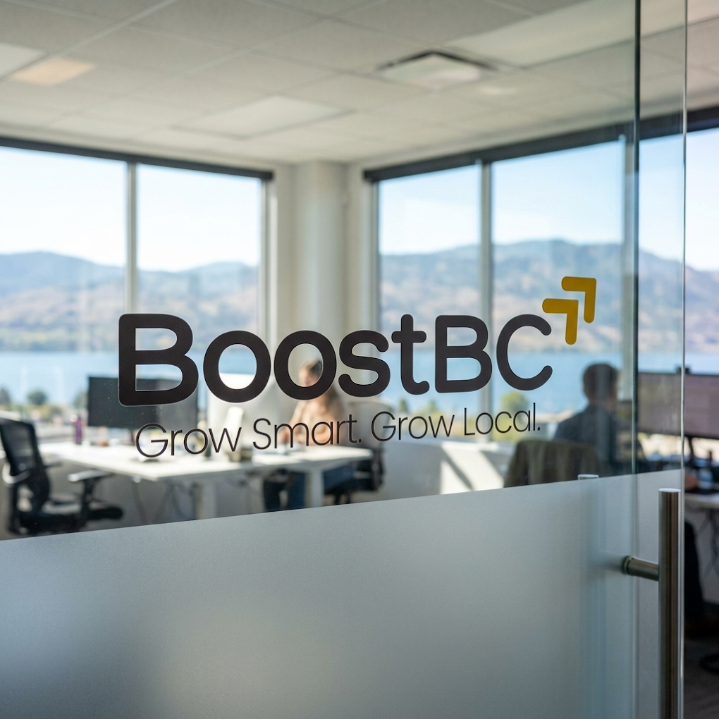 BoostBC logo decal on a glass office door