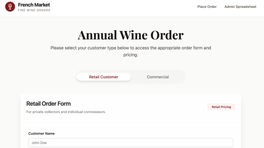 French Market fine wine orders retail form design