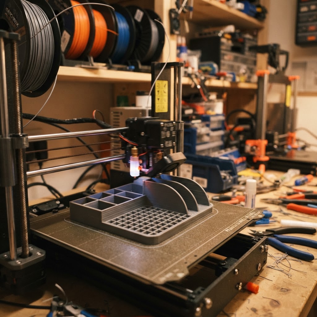 3D printer creating a practical household product in a Kelowna maker workshop