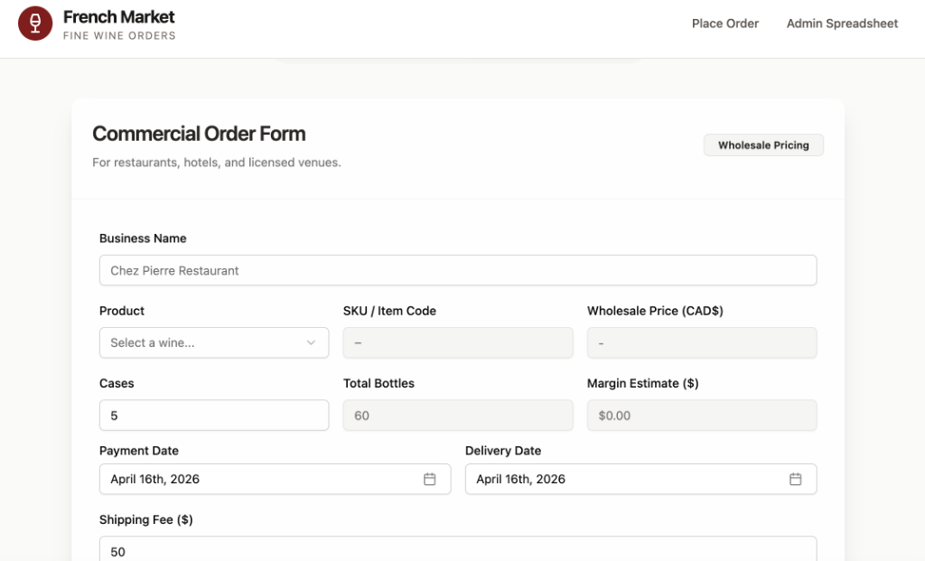 French Market commercial wine order form design