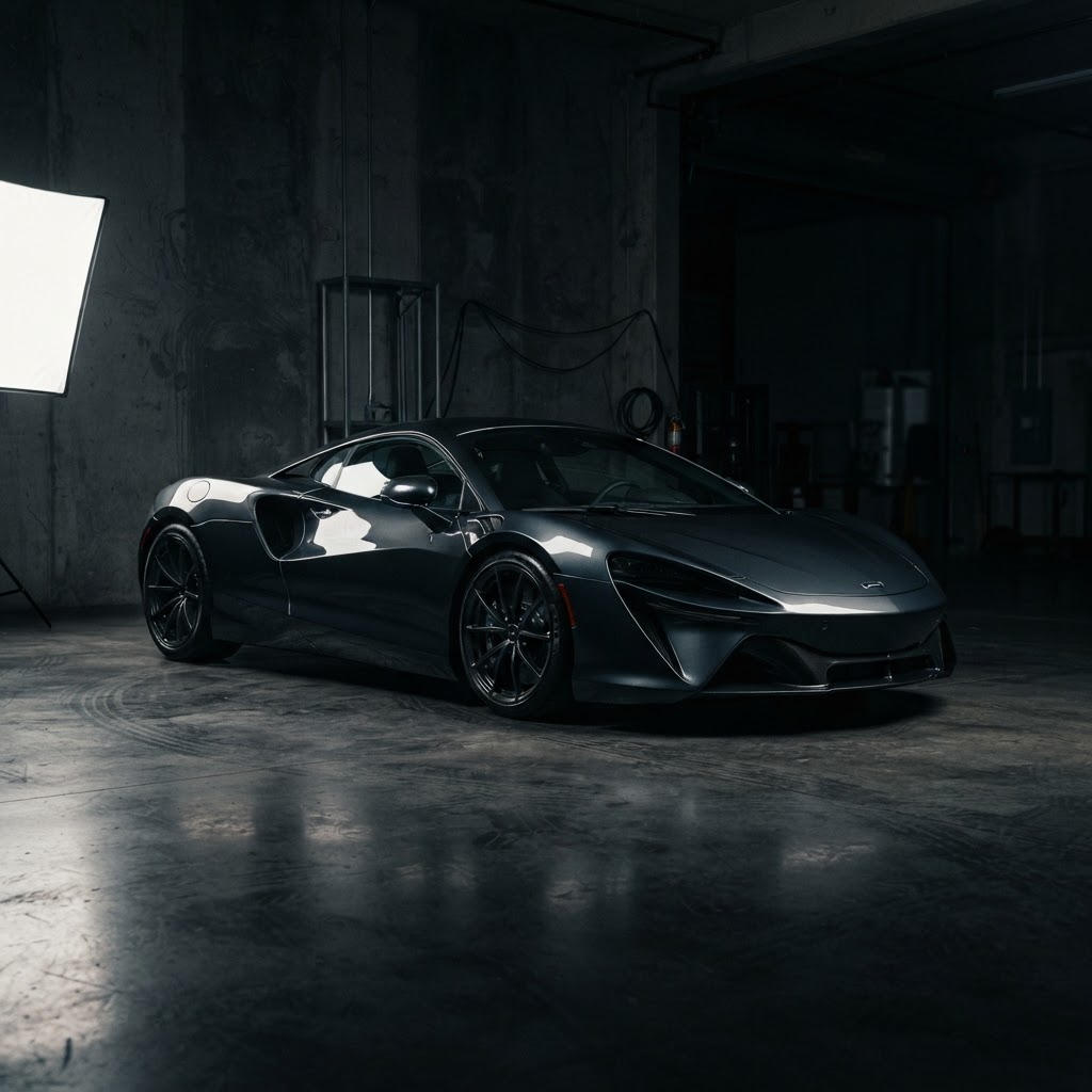 Dark graphite supercar in a dimly lit studio with deep glossy corrected paint