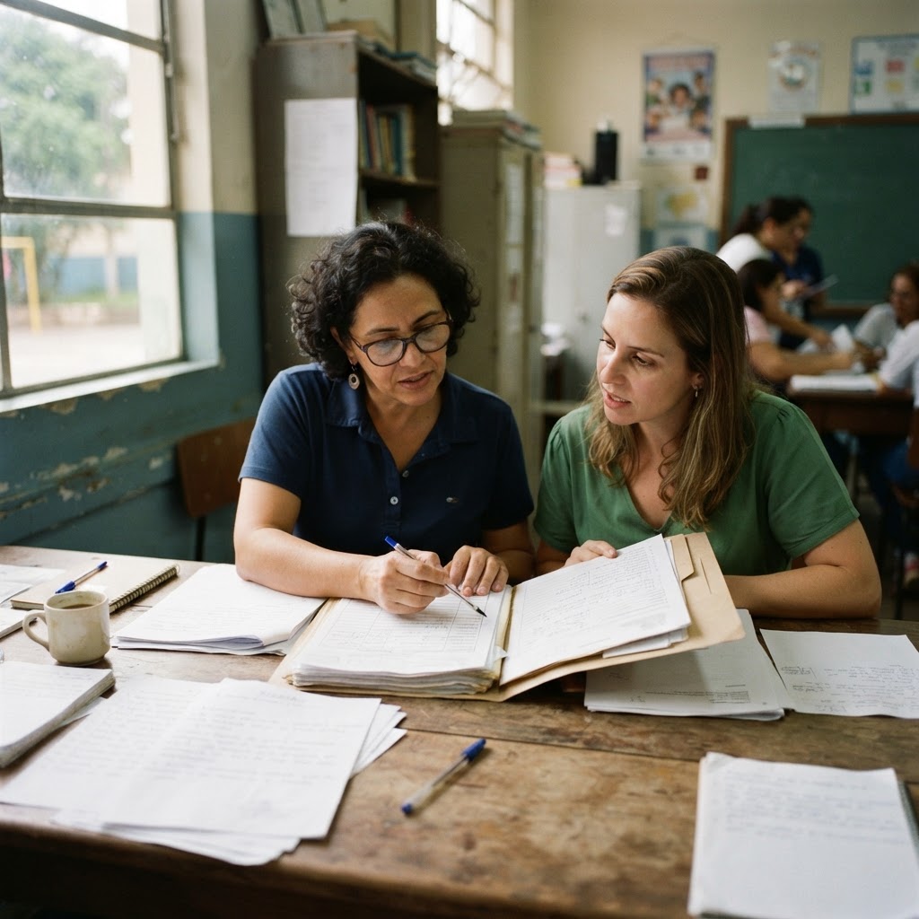 Equipe escolar revisando documentação de um estudante