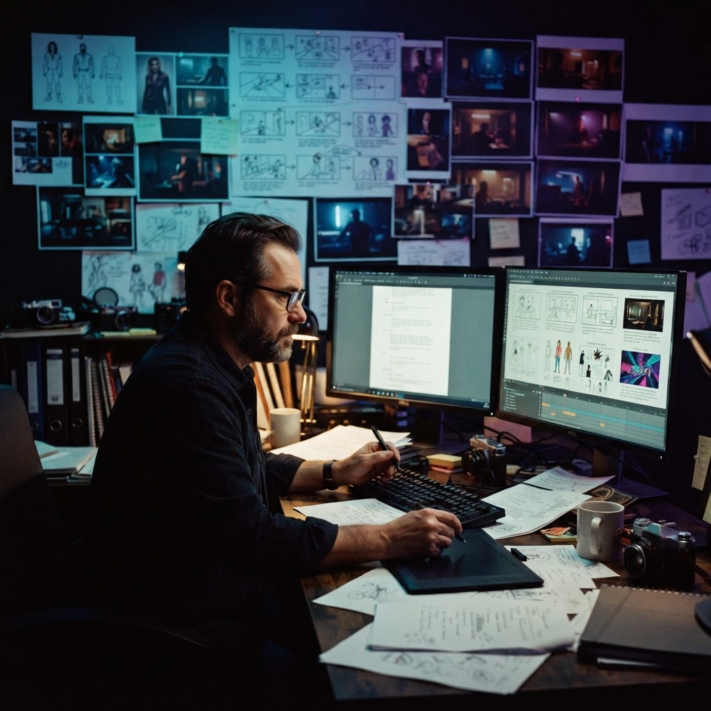 Storyteller developing a visual story surrounded by scripts and storyboard imagery