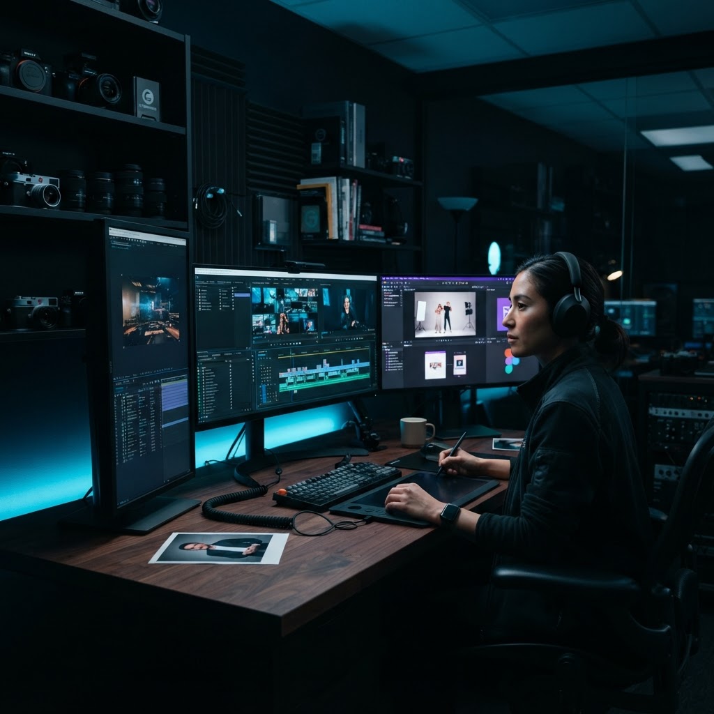 Creative professional working across photography, video editing, and design in a multidisciplinary studio