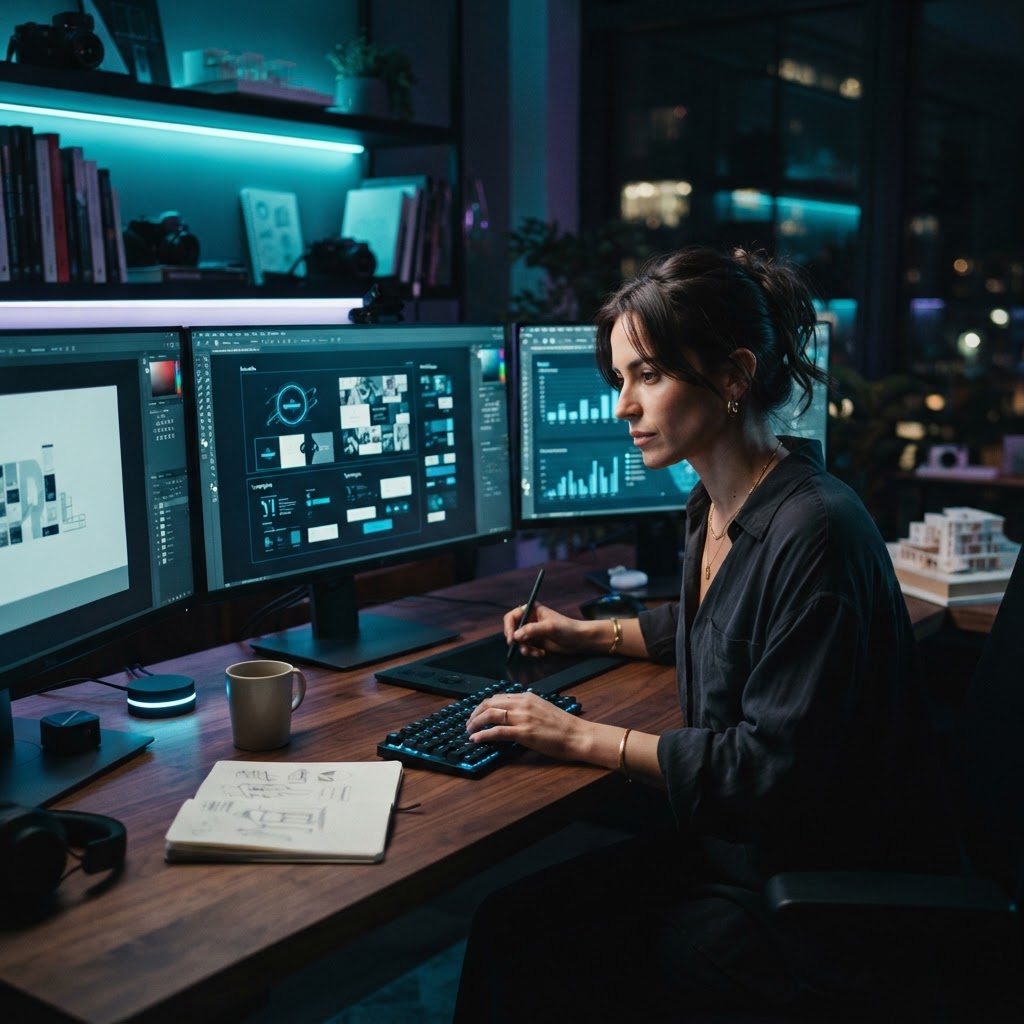 Entrepreneur developing a new brand concept in a creative studio at night