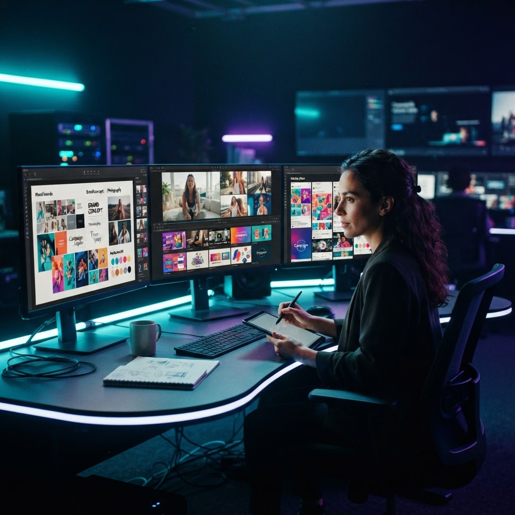 Marketing professional reviewing campaign visuals across multiple displays