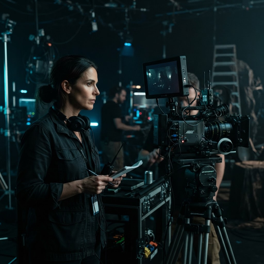 Filmmaker directing a cinematic production using professional camera equipment
