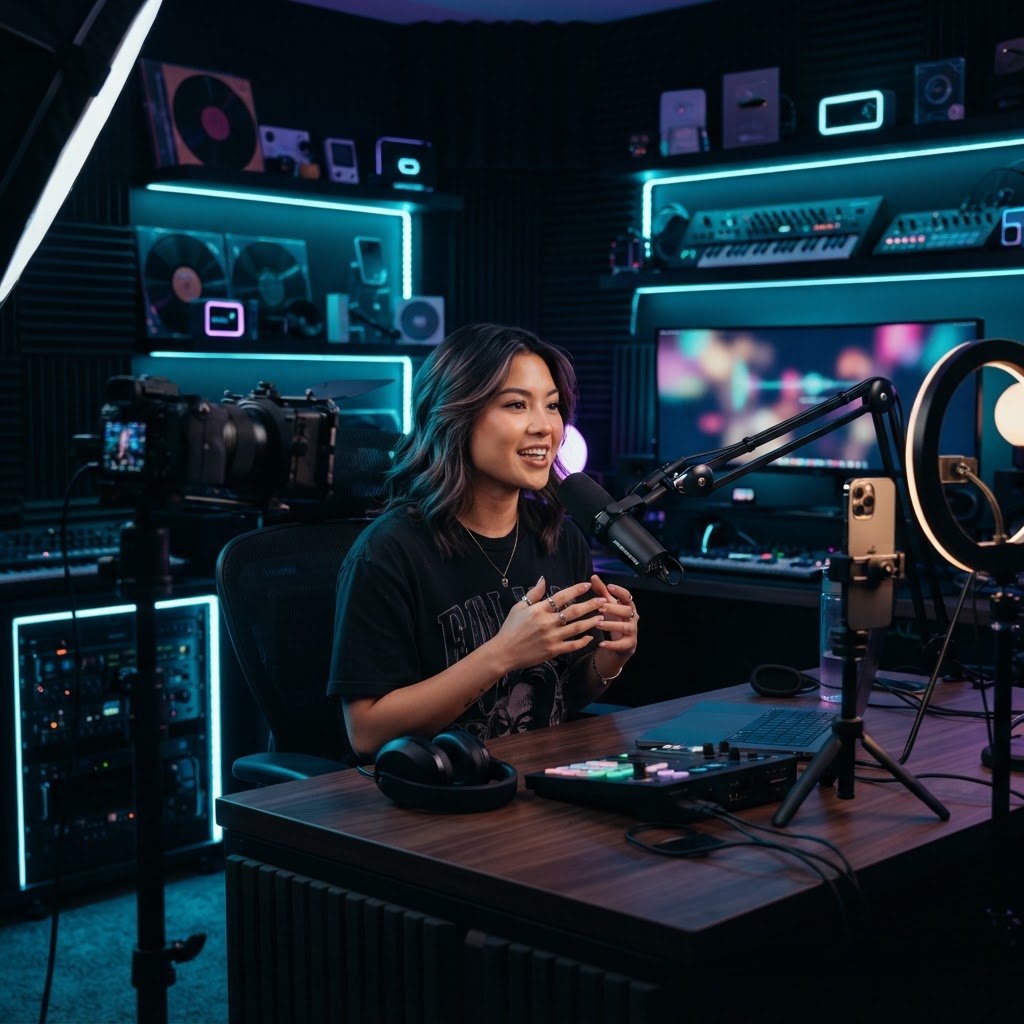 Digital content creator working in a professional video studio