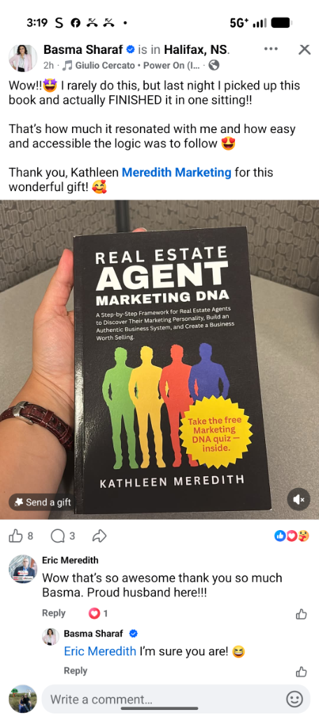 Basma Sharaf holding the Real Estate Agent Marketing DNA book