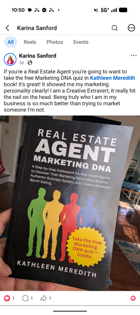 Karina Sanford holding the Real Estate Agent Marketing DNA book