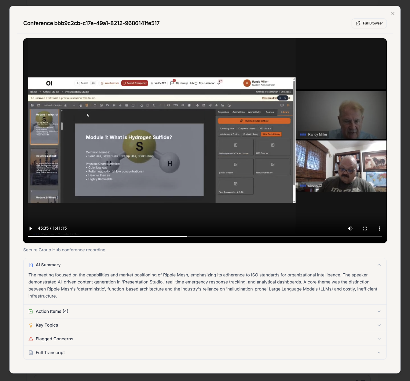 A Ripplemesh Group Hub conference recording with video, AI summary, action items, key topics and flagged concerns