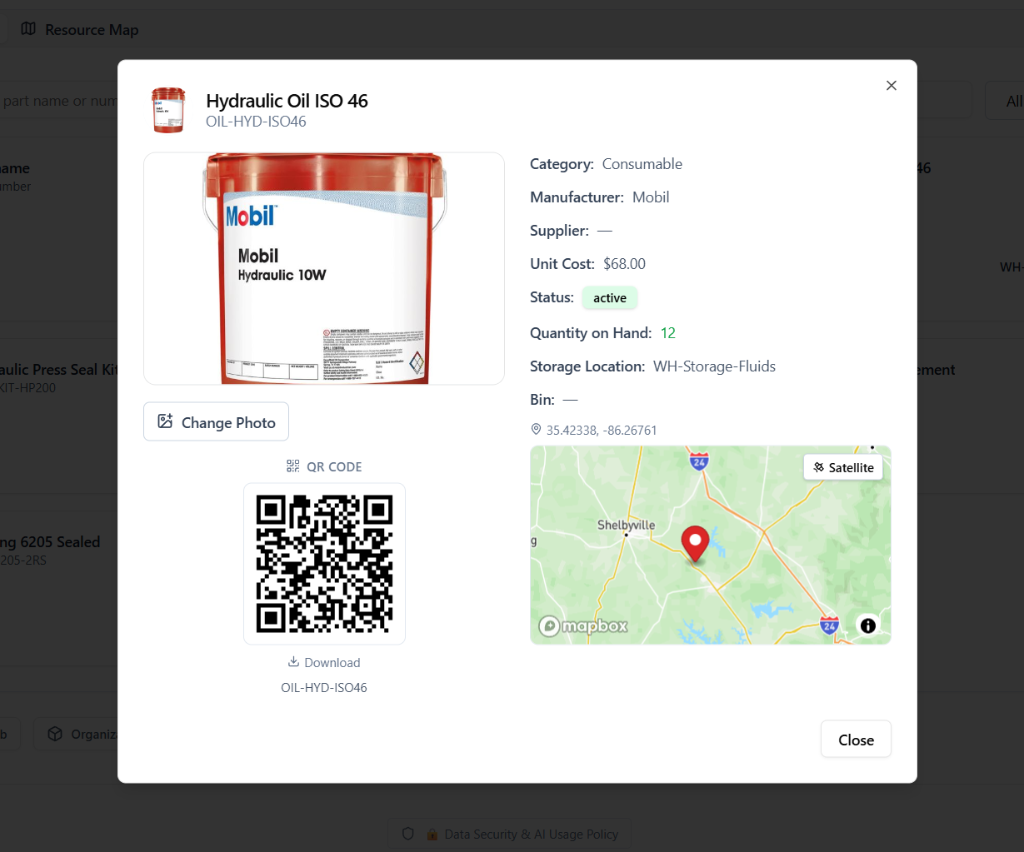Part detail card with QR code and map